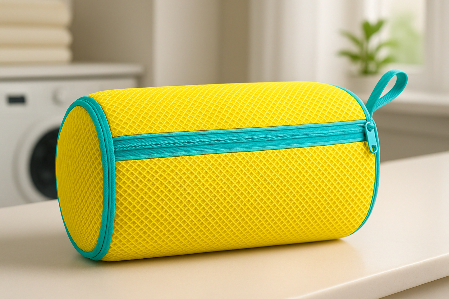 High-resolution yellow mesh laundry bag