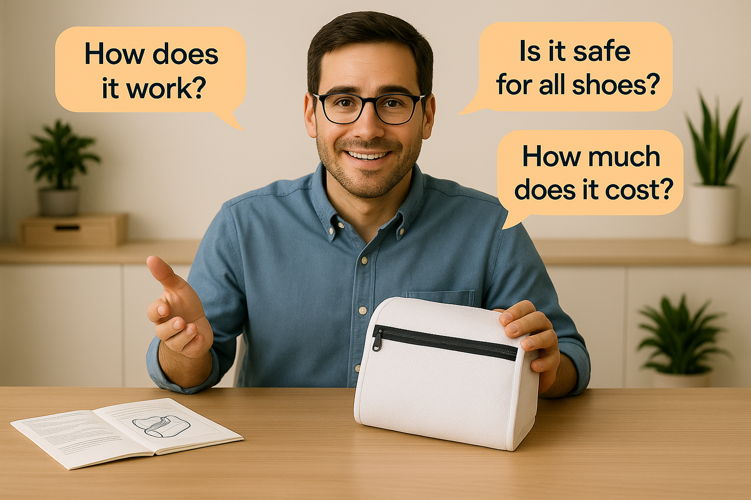 Professional business owner with realistic appearance holding a shoe washing bag, with speech bubbles asking common customer questions about the product
